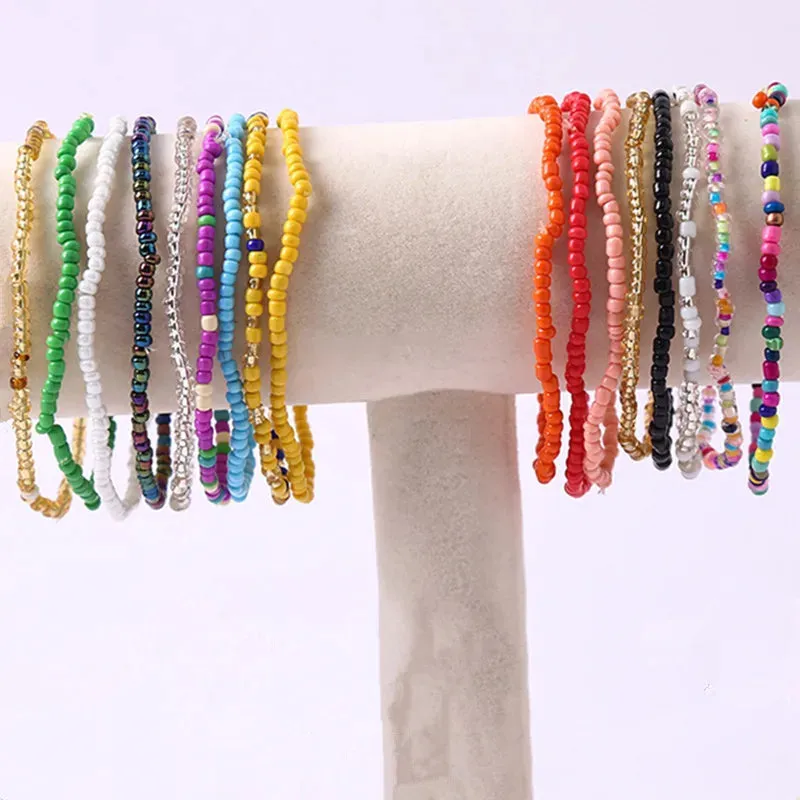 Set of Twelve Boho Colourful Rice Bead Anklets