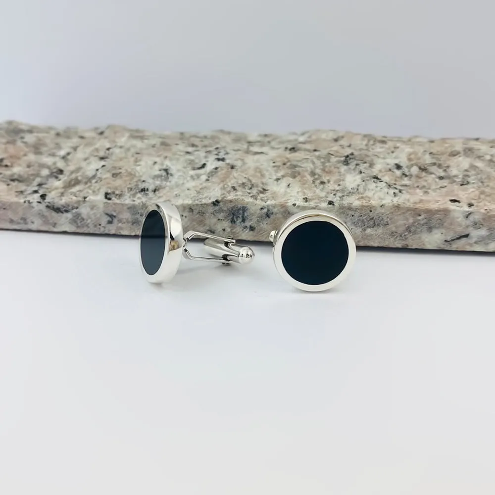 Sterling Silver Black Onyx Round Cufflinks