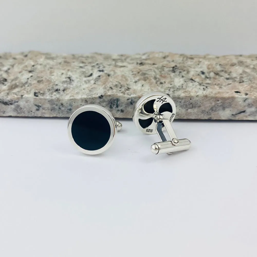 Sterling Silver Black Onyx Round Cufflinks