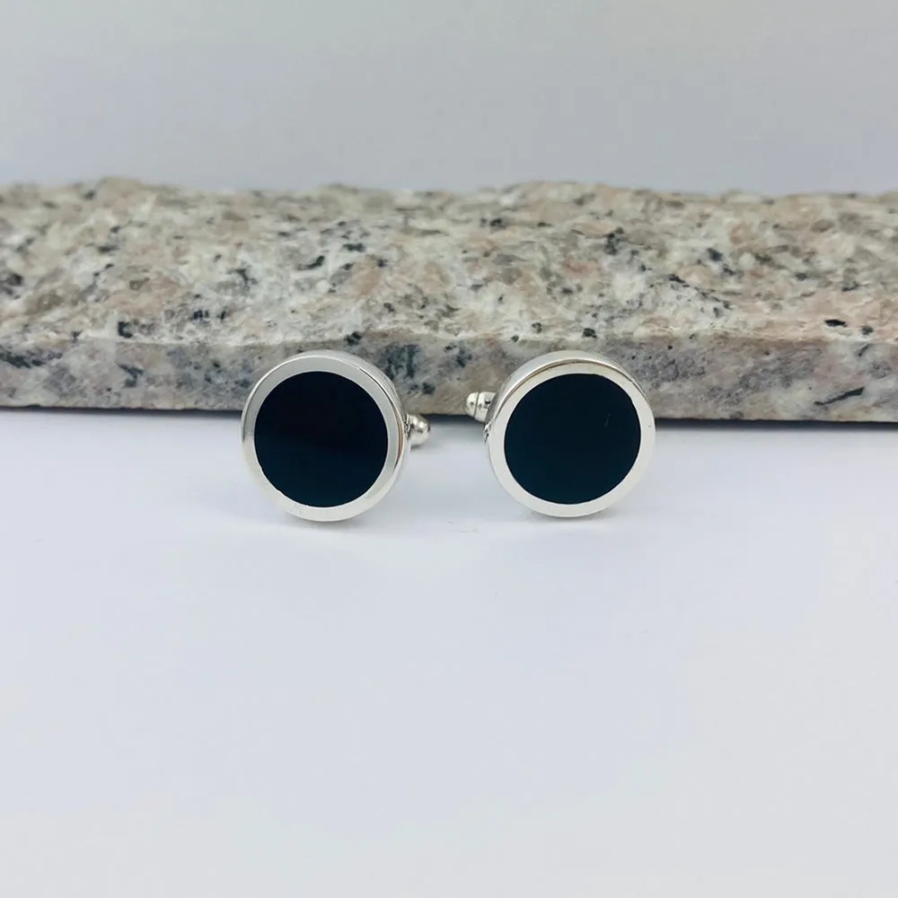 Sterling Silver Black Onyx Round Cufflinks