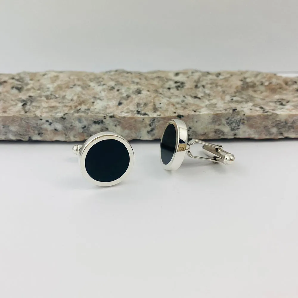 Sterling Silver Black Onyx Round Cufflinks