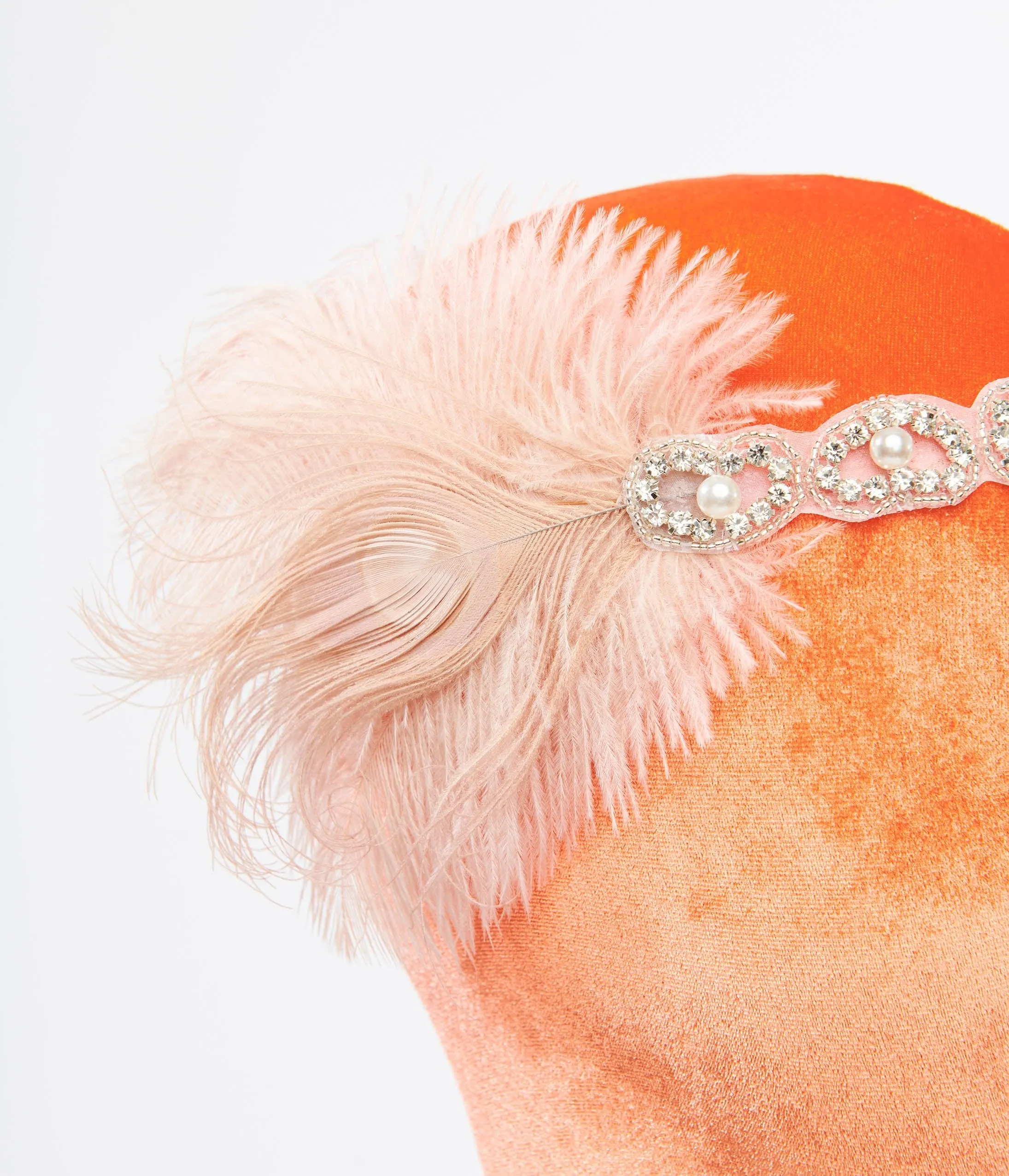 Unique Vintage 1920s Peach Feather & Silver Rhinestone Headband