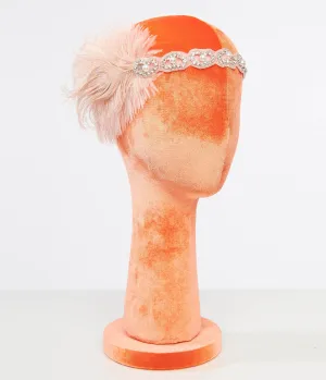 Unique Vintage 1920s Peach Feather & Silver Rhinestone Headband