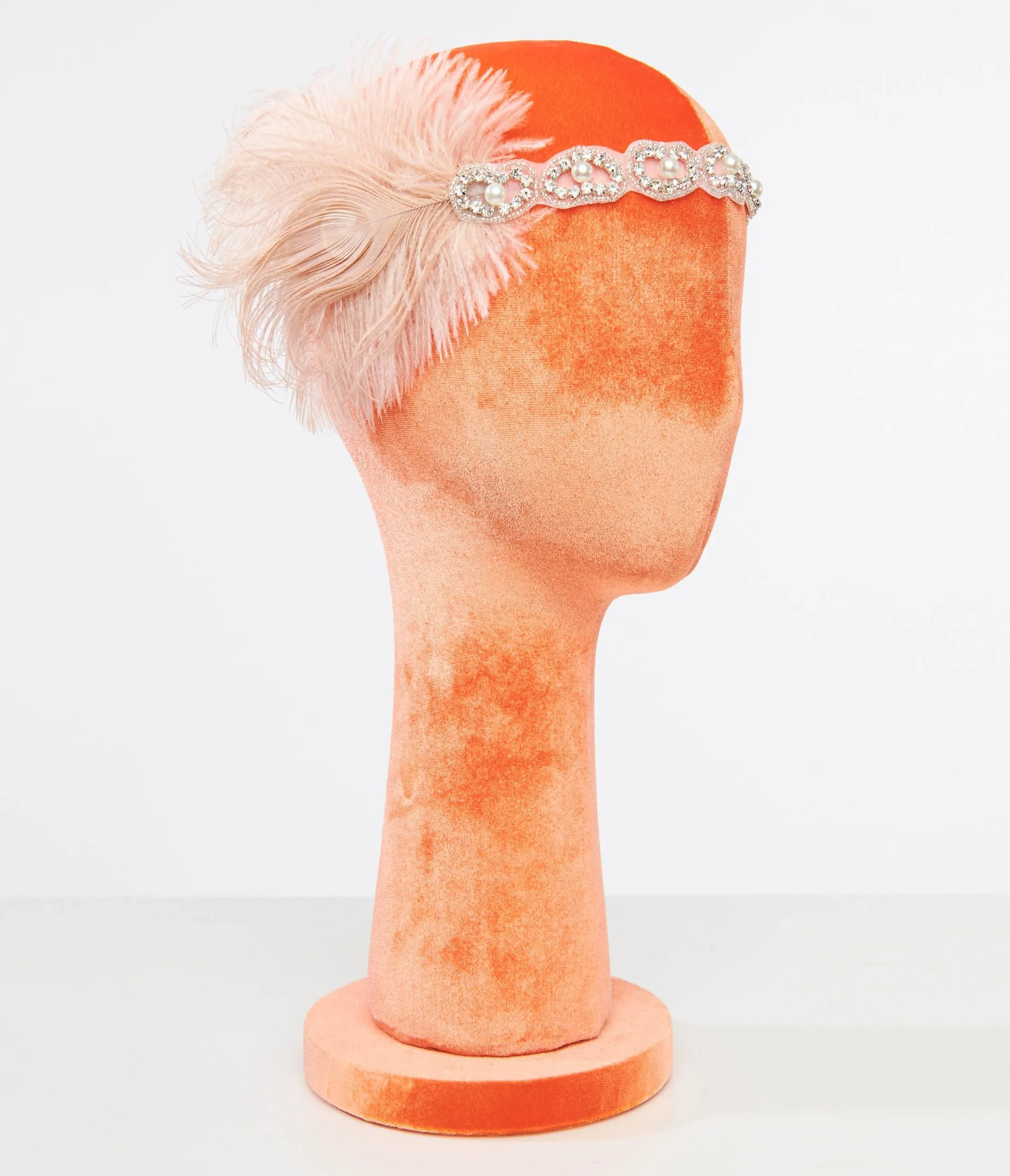 Unique Vintage 1920s Peach Feather & Silver Rhinestone Headband