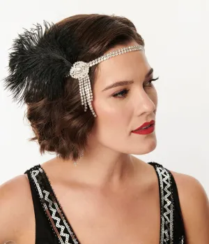 Unique Vintage 1920s Silver Rhinestone & Black Feather Headband