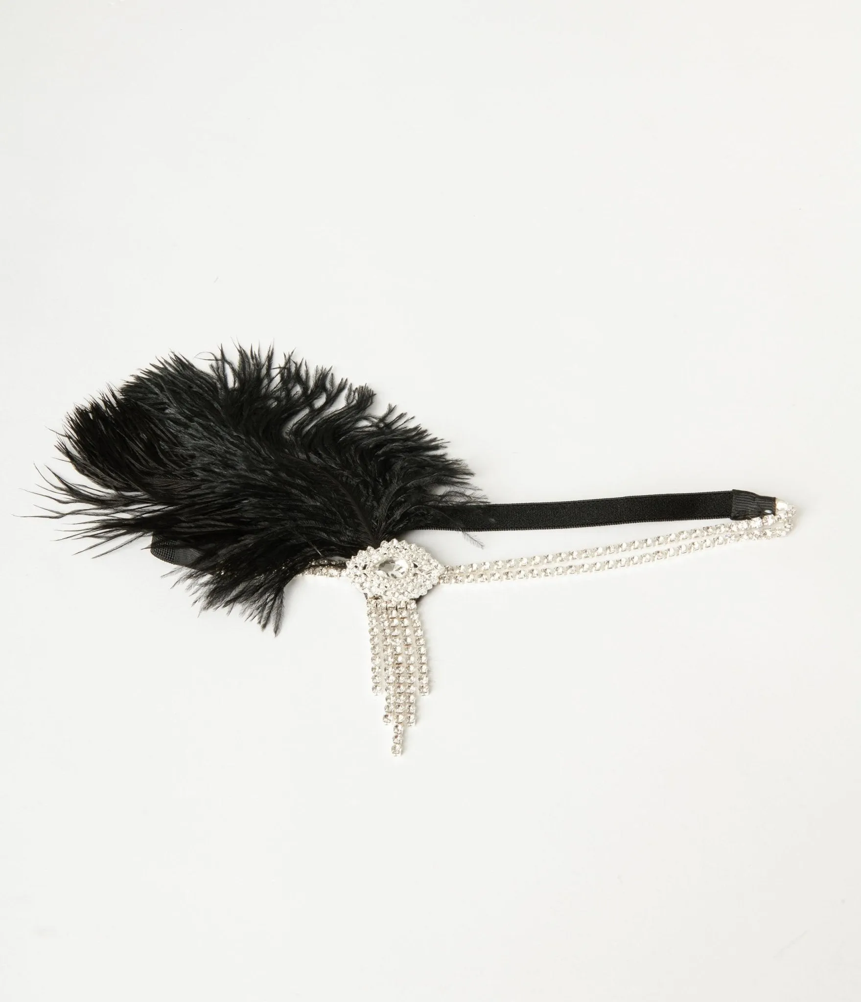 Unique Vintage 1920s Silver Rhinestone & Black Feather Headband