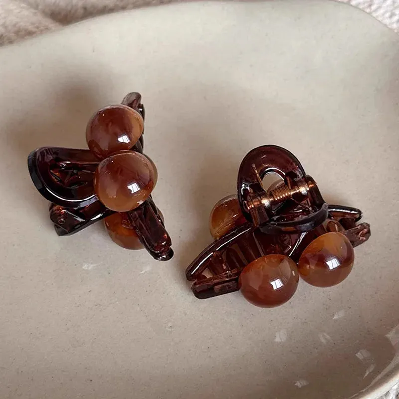 VAIGE Mini Dual Pearls Hair Claw Clips - Cute Acrylic Cherry Hair Accessories in Coffee, 2cm Height