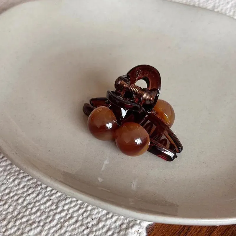 VAIGE Mini Dual Pearls Hair Claw Clips - Cute Acrylic Cherry Hair Accessories in Coffee, 2cm Height